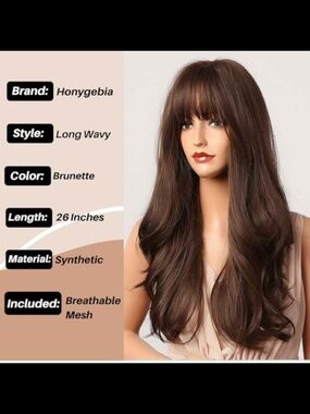 Brunette Long Wavy Synthetic Wig with Full Bangs